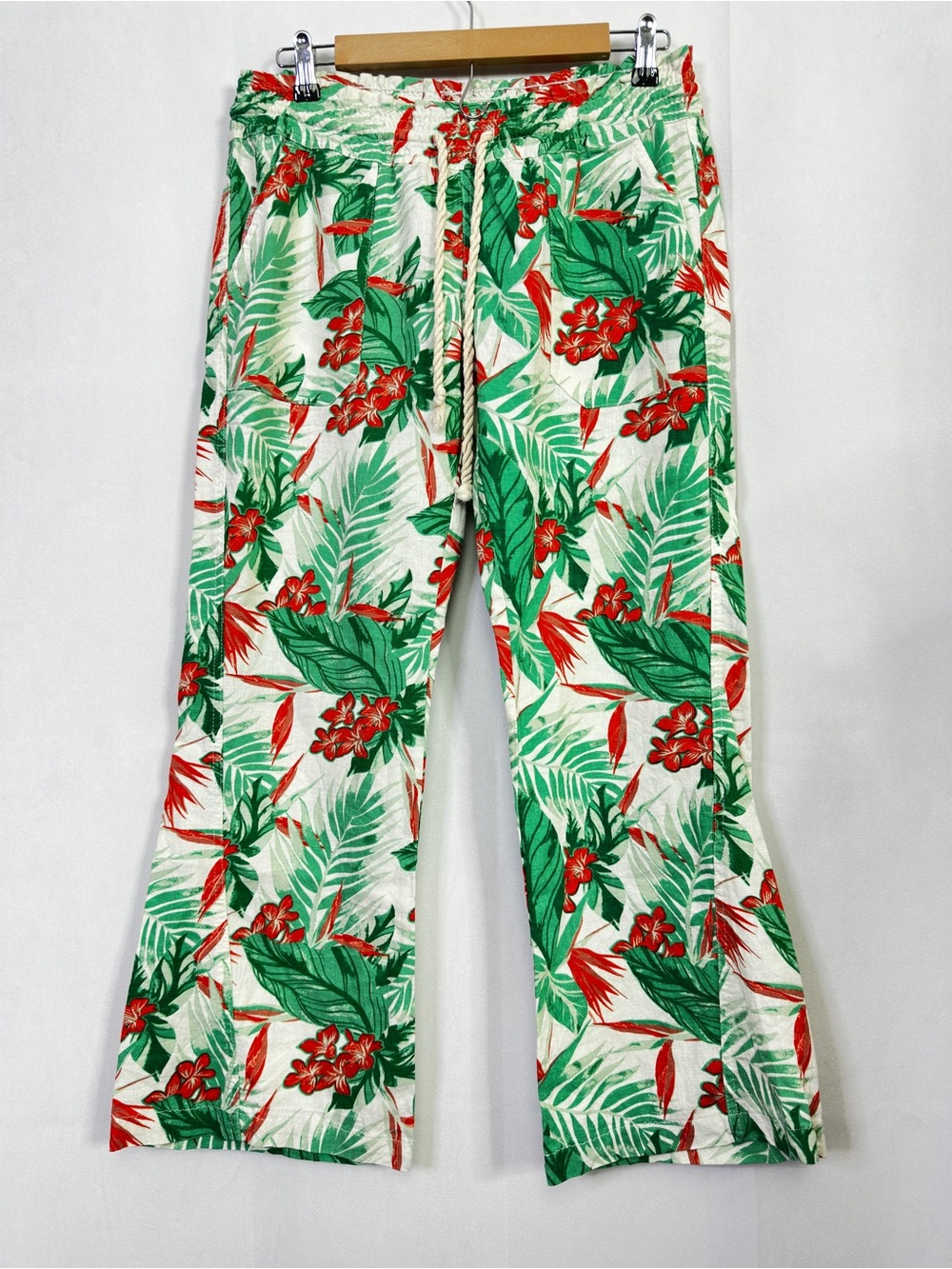 Roxy Tropical Floral Wide Leg Pants Flowy Linen Vacation Beach Relaxed Green